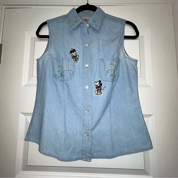 The Disney Store Button Front Mickey and Minnie Embroidered Sleeveless Top - Picture 1 of 6
